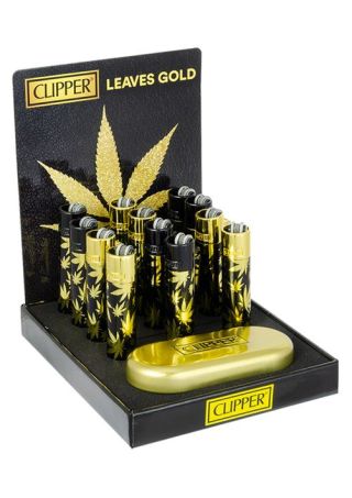 Clipper Feuerzeug Metal Leaves Gold mit Deckel Gold + Geschenkbox Kappe Gold